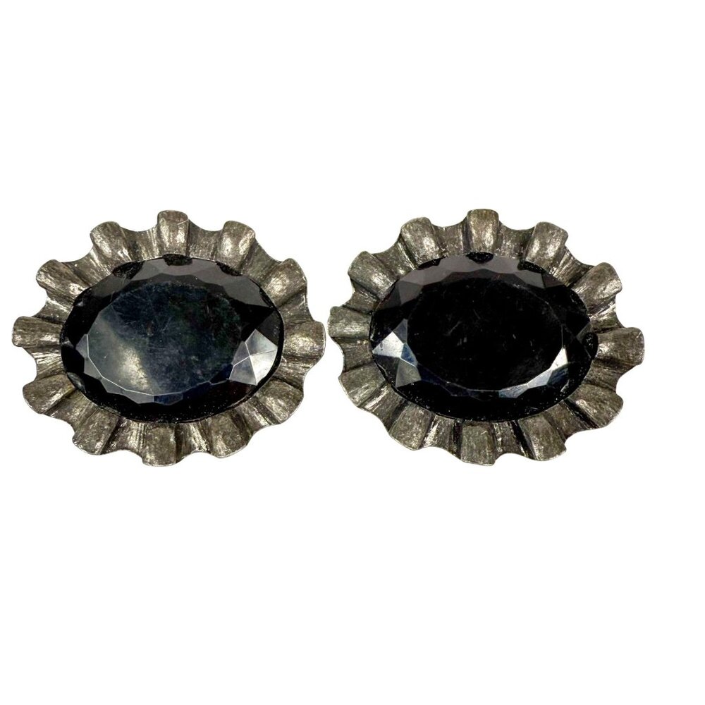 TipTop Faceted Black Oval Cabochons Shoe Clips Scalloped Edges